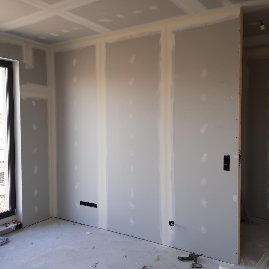Freshly installed and finished drywall in a bright modern interior