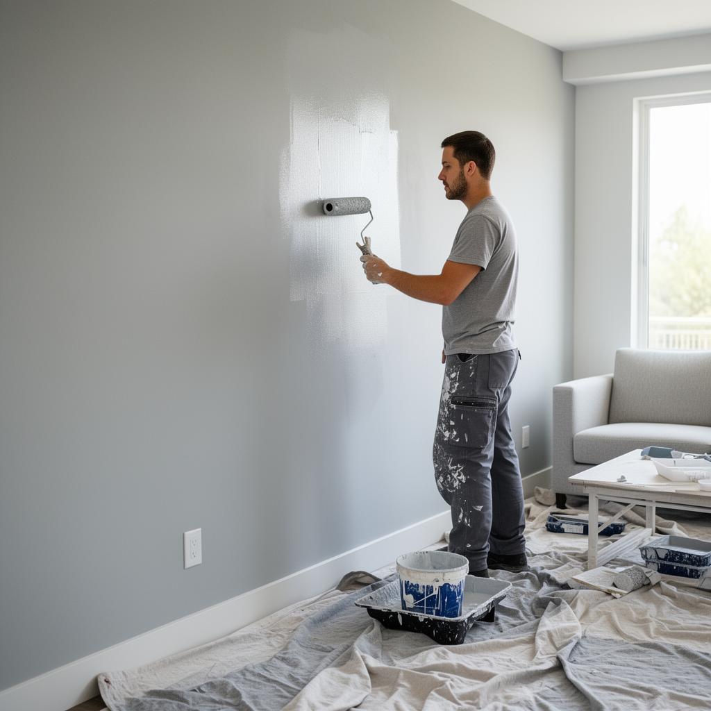 Professional painter rolling fresh paint on a modern interior wall